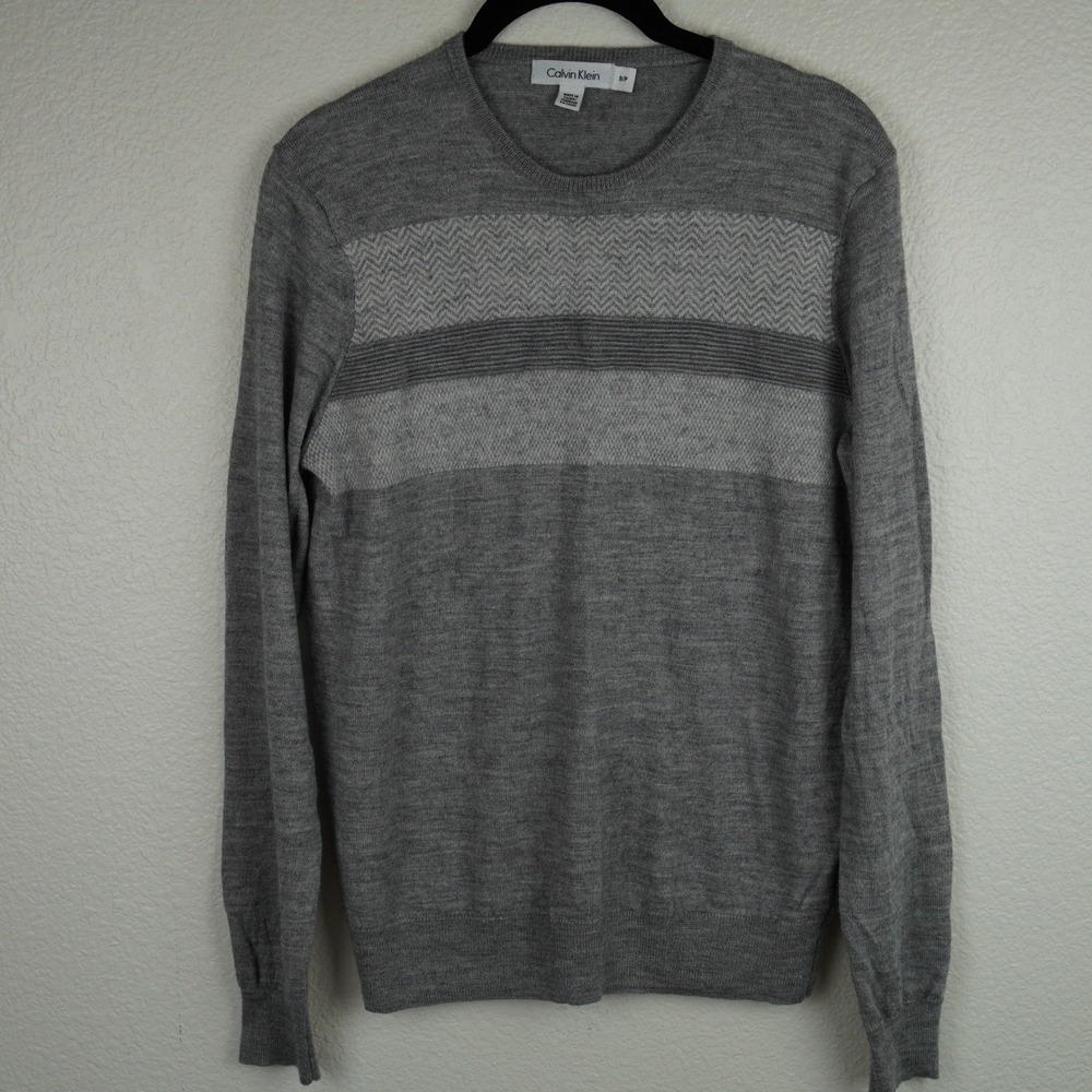 Calvin Klein Sweater Mens Small Gray Striped Merino Wool Crew Neck Pullover